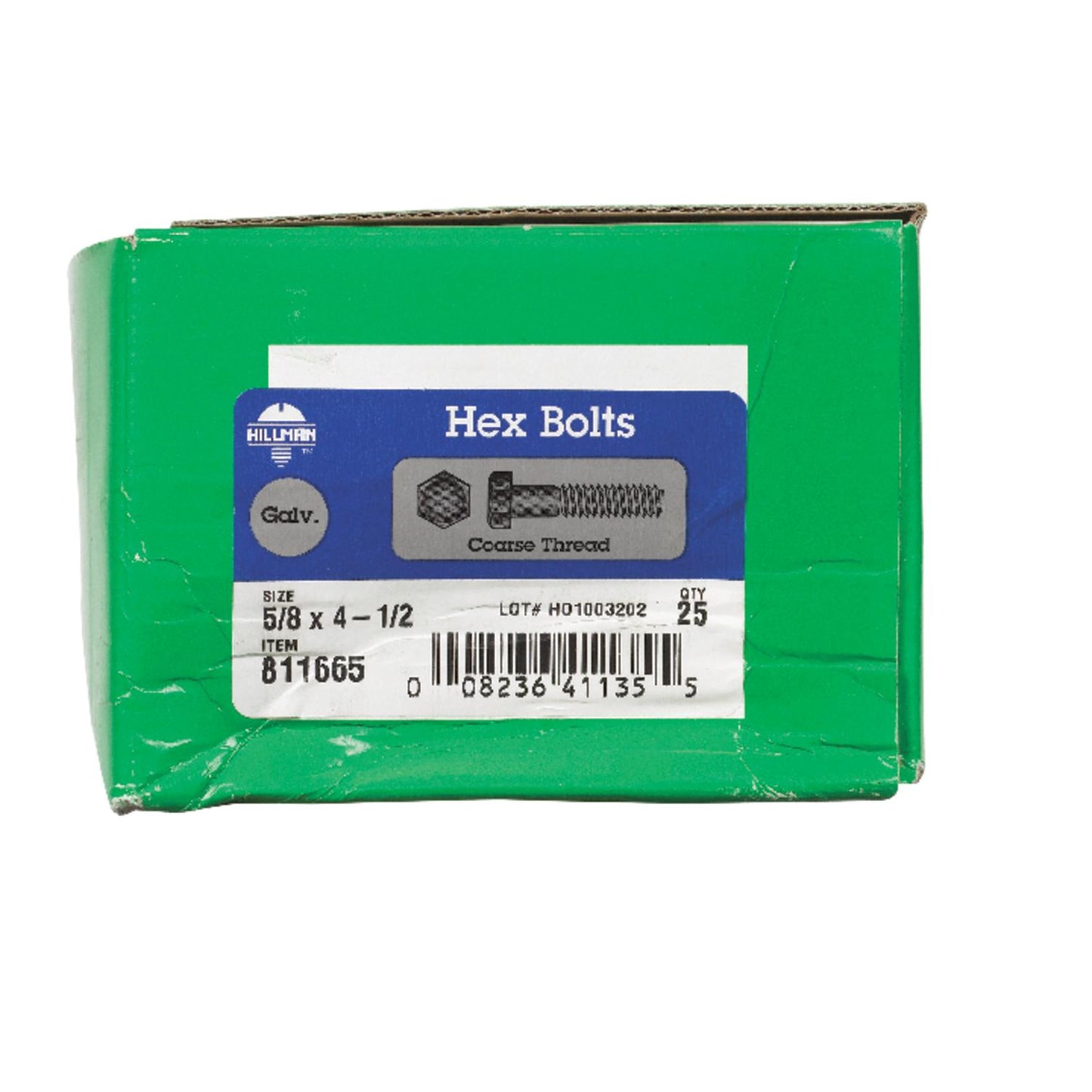 Hillman 5/8 in. Diameter x 4-1/2 in. Length Hot-Dipped Galvanized Steel Hex Bolt, Coarse Thread, 25-Pack