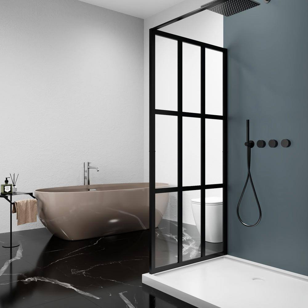 ES-DIY 34 in. W x 72 in. H Fixed Single Panel Framed Shower Door in Black Finish with Clear Glass