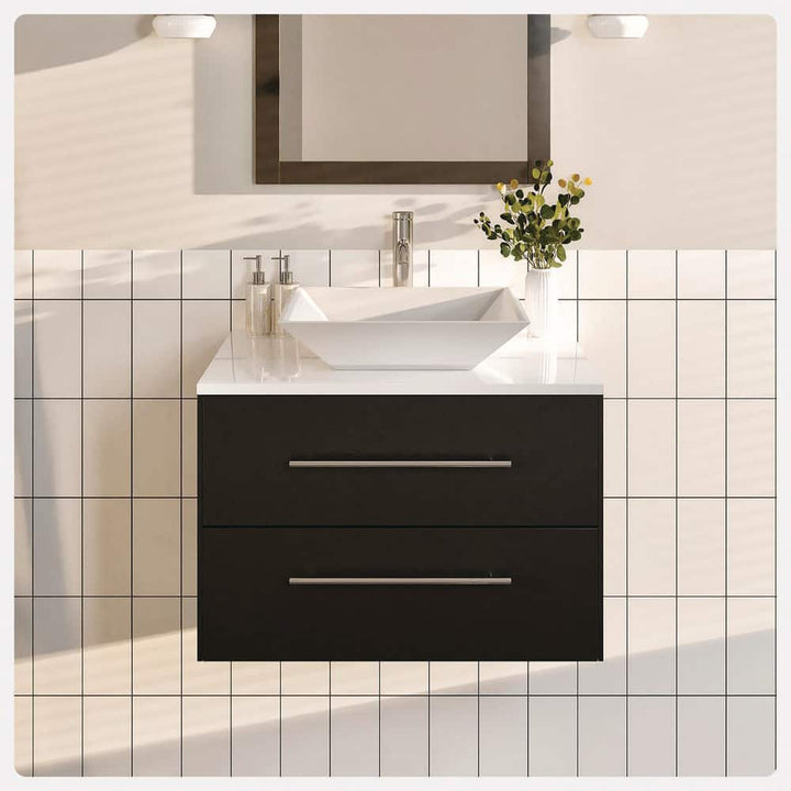 Eviva Totti Wave 24 in. W x 21 in. D x 22 in. H Floating Bathroom Vanity in Espresso with White Glassos Top and White Vessel Sink