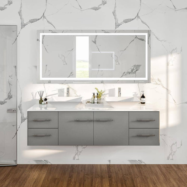 Eviva Totti Wave 72 in. W x 22 in. D x 21.5 in. H Floating Double Bathroom Vanity, Gray, White Glassos Top, White Vessel Sinks