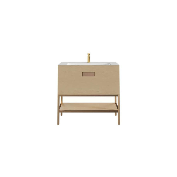 Eviva Iris 35 in. W. x 22 in. D x 33.5 in. H Oak Freestanding Bathroom Vanity with White Solid Surface Integrated Sink Top