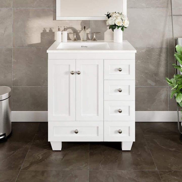 Eviva Acclaim 28 in. W X 22 in. D X 34 in. H Bath Vanity in White with White Carrara Quartz Top with White Sink