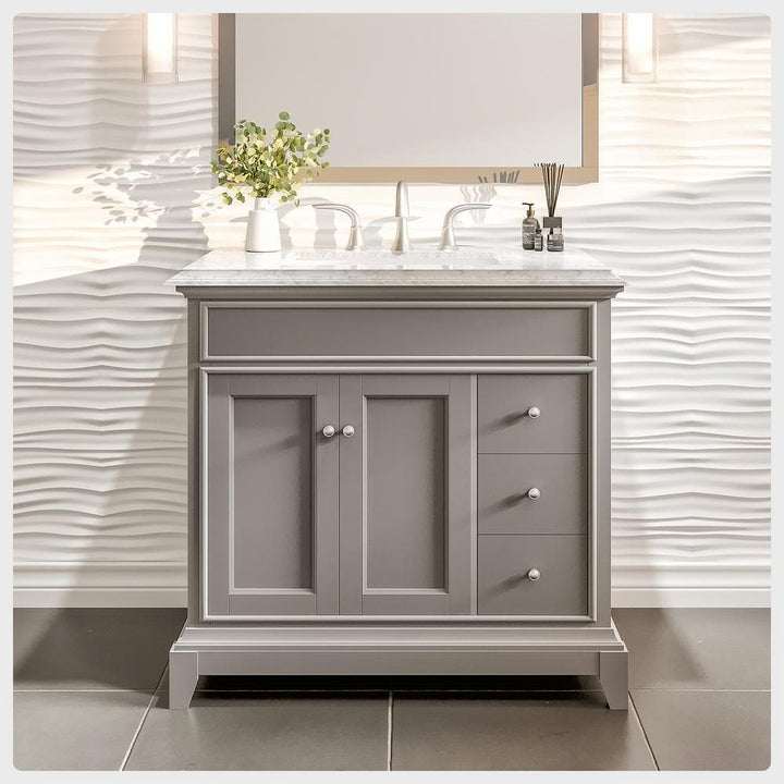 Elite Princeton 36 in. W x 24 in. D x 34 in. H Bath Vanity in Gray with White Carrera Marble Top with White Sink