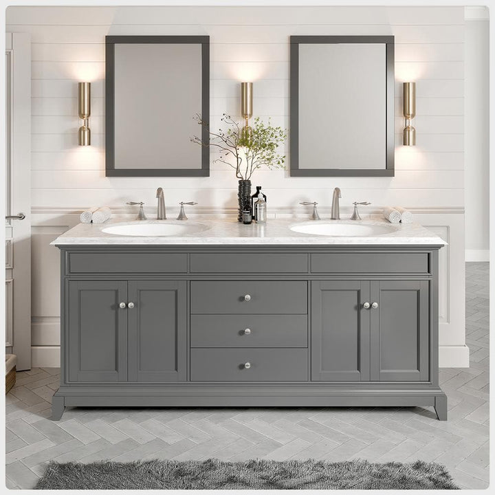 Eviva Elite Stamford 72 in. W x 24 in. D x 36 in. H Double Bathroom Vanity in Gray with White Carrara Marble Top and White Undermount Sinks