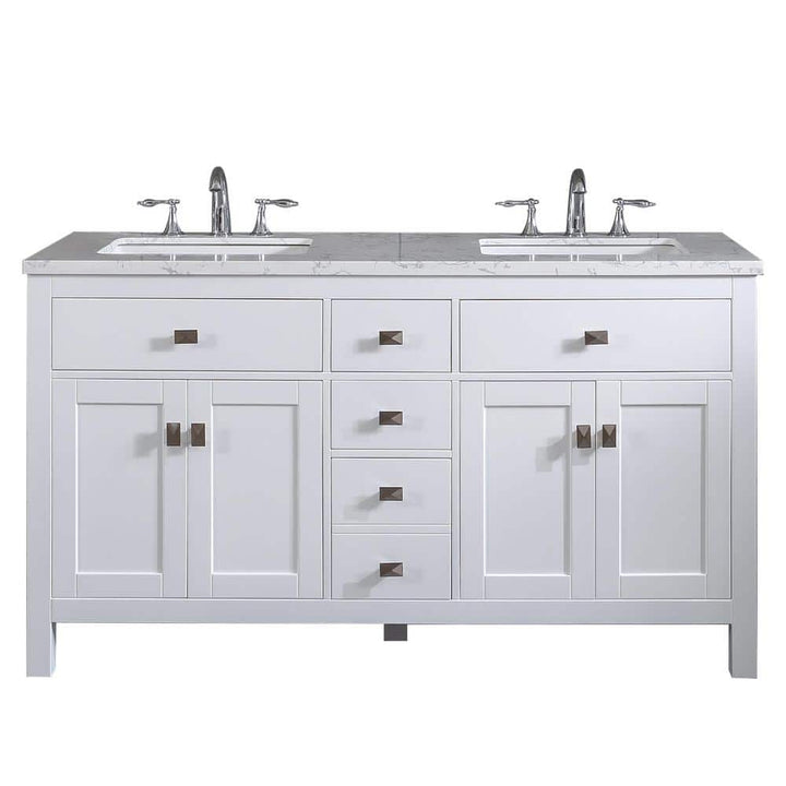 Eviva Memphis 60 in. W x 22 in. D x 33.7 in. H Double Bathroom Vanity in White with White Carrara Style Stone Top with Sinks