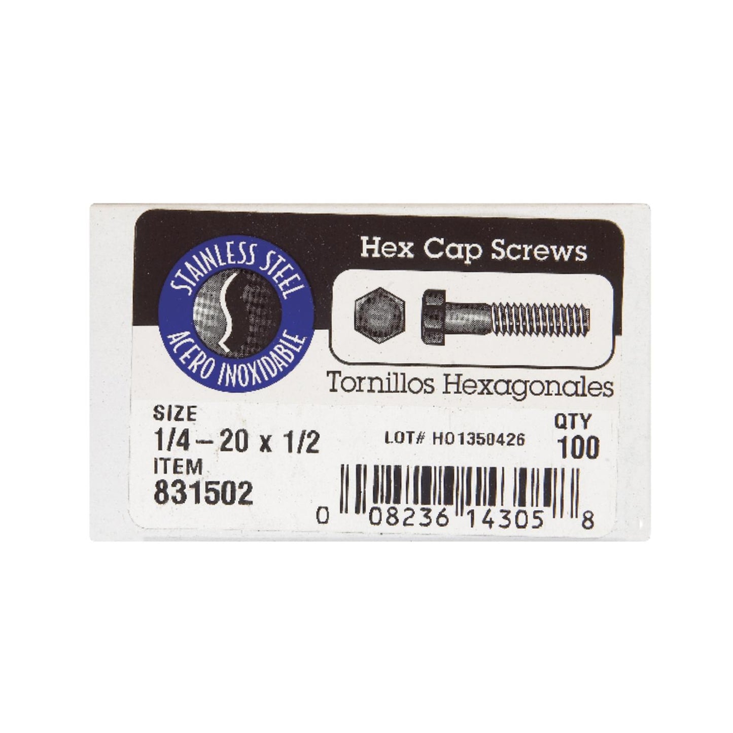 Hillman 1/4-20 in. Diameter x 1/2 in. Length Stainless Steel Hex Head Cap Screw, 100-Pack