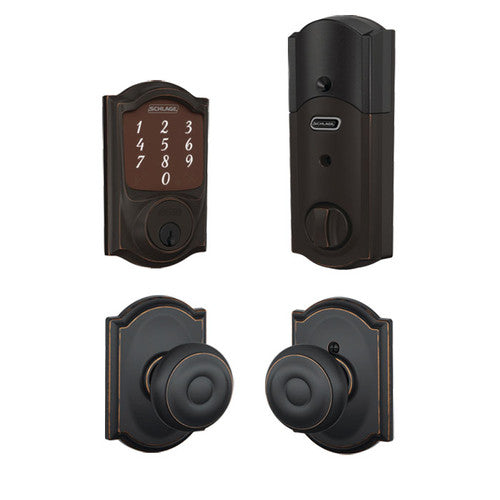 Schlage Camelot Aged Bronze Sense Smart Door Lock with Georgian Knob Handleset