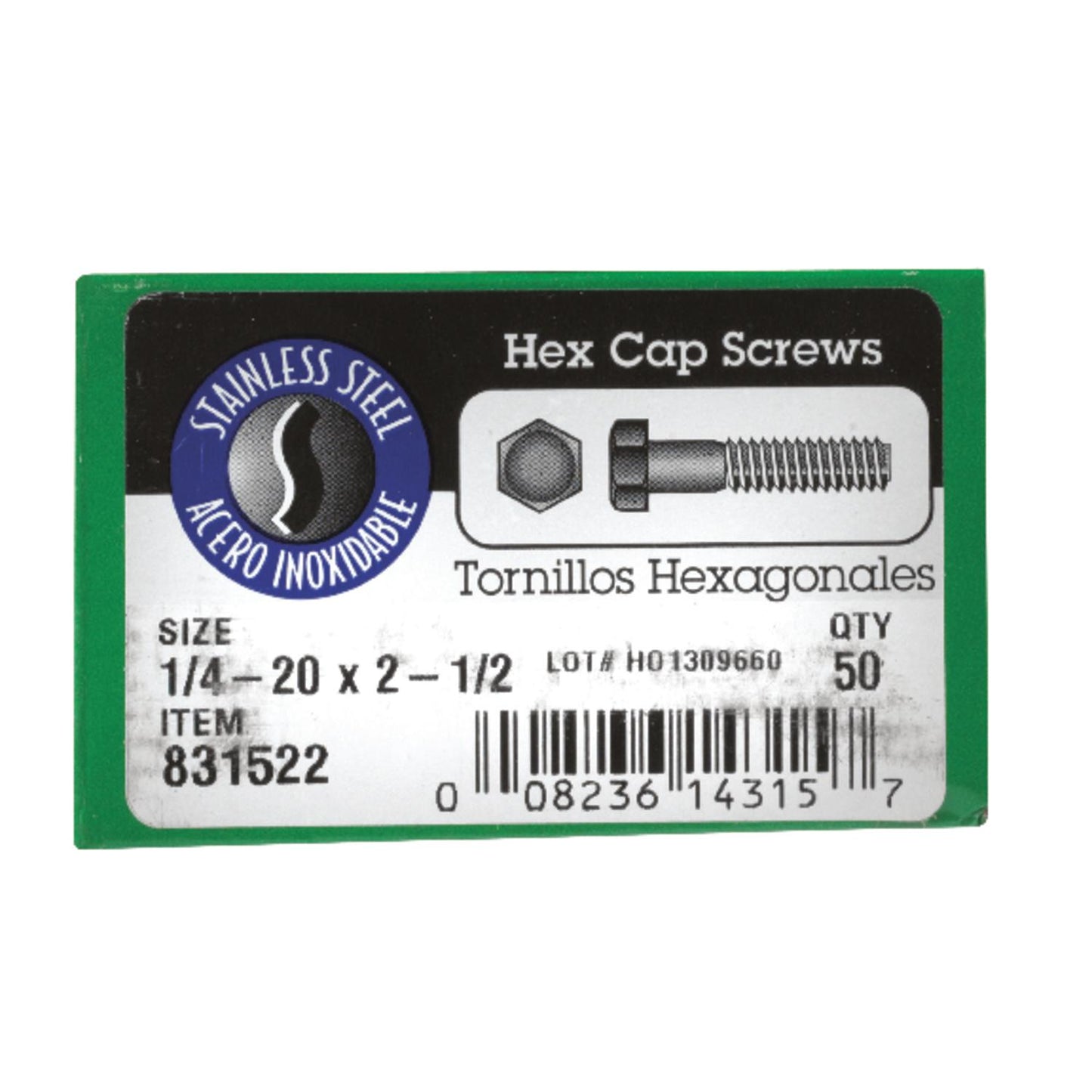 Hillman 1/4-20 in. Diameter x 2-1/2 in. Length Stainless Steel Hex Head Cap Screws, 50 Pack