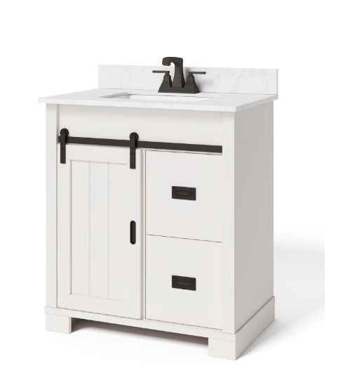 Brindley 30 in W x 20 in D x 35 in H Single Sink Freestanding Vanity in White w/ Veined White Engineered Stone Top