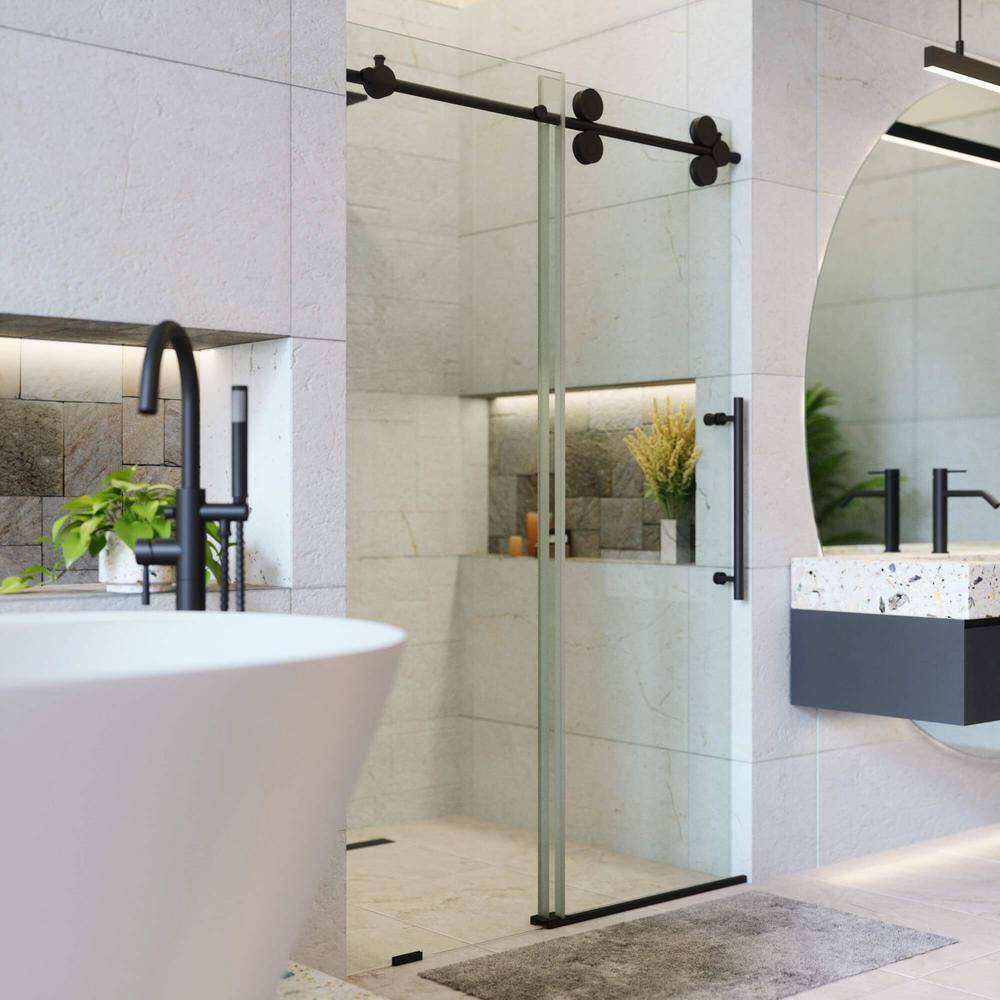 FINE FIXTURES 60 in. W x 80 in. H Single Sliding Frameless Shower Door in Black Finish with Tempered Clear Glass