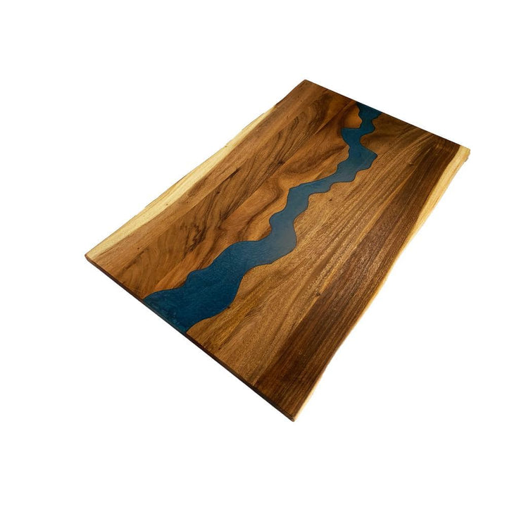 HARDWOOD REFLECTIONS 5 ft. L x 30 in. D UV Finished Saman Solid Wood Butcher Block Desktop Countertop With Live Edge and Blue Epoxy River