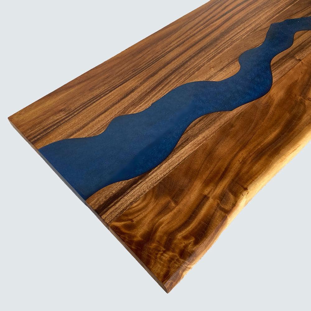 HARDWOOD REFLECTIONS 5 ft. L x 30 in. D UV Finished Saman Solid Wood Butcher Block Desktop Countertop With Live Edge and Blue Epoxy River