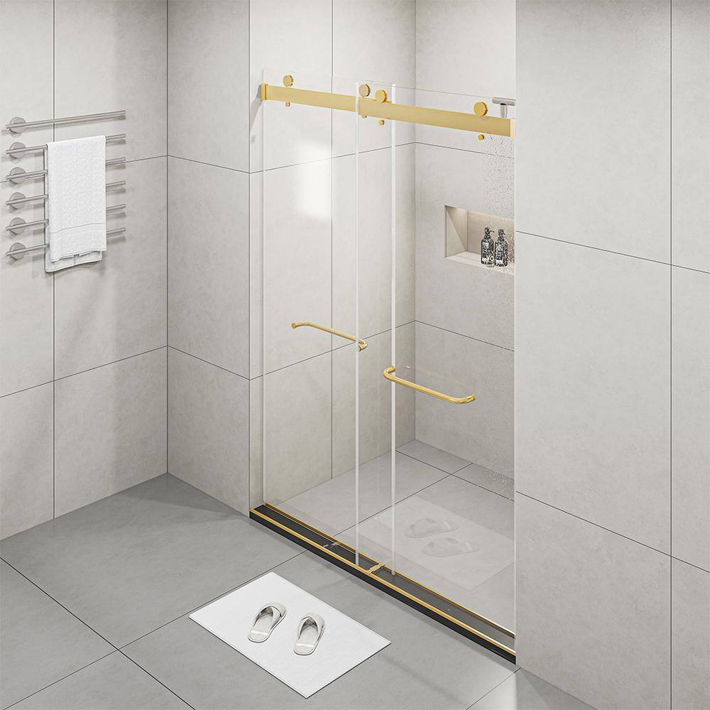 FORCLOVER 60 in. W x 76 in. H Double Sliding Frameless Soft Close Shower Door in Brushed Gold with 3/8 in. Clear Tempered Glass