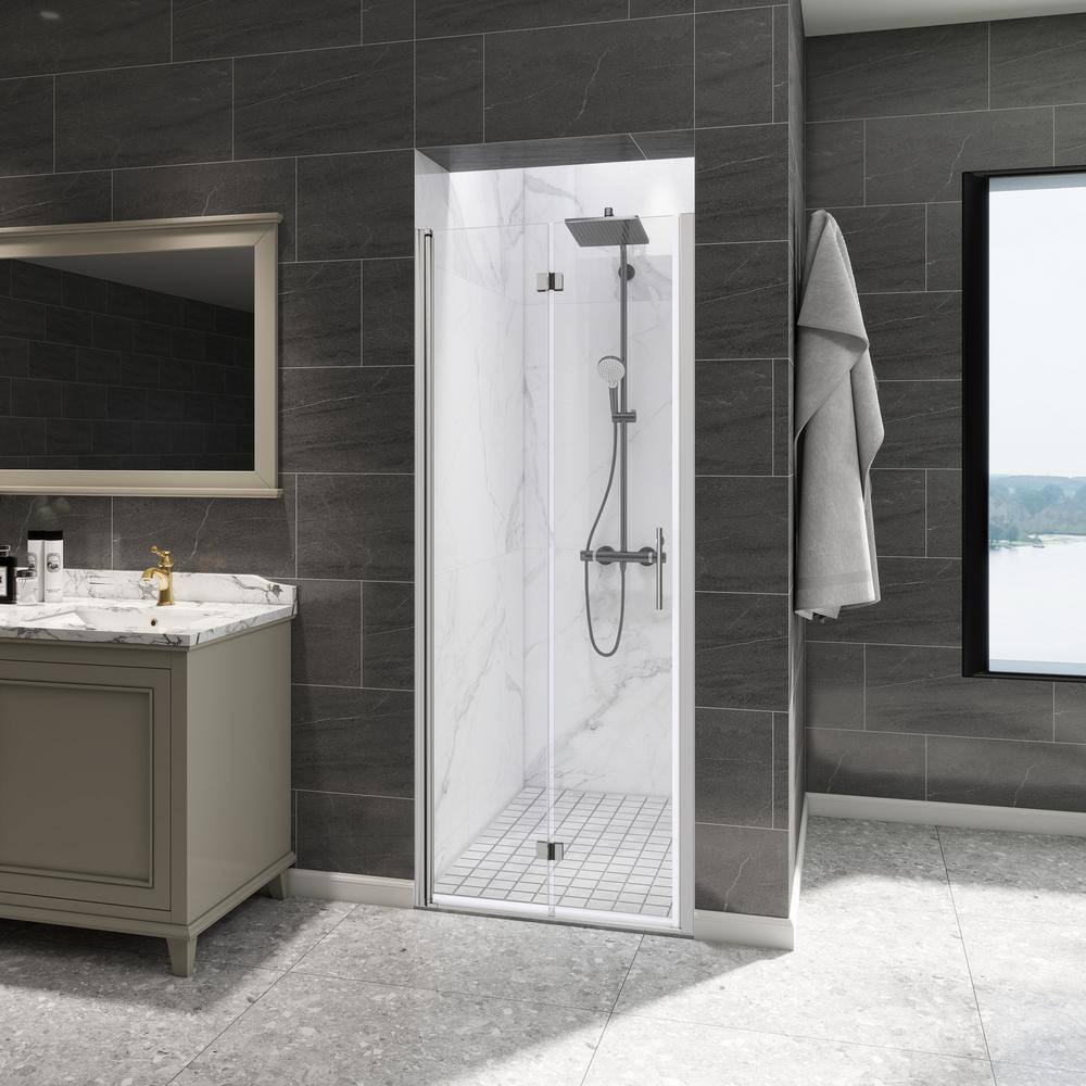 FORCLOVER 30 in. W to 31-3/8 in. W x 72 in. H Bi-Fold Frameless Shower Door in Chrome with Clear Glass