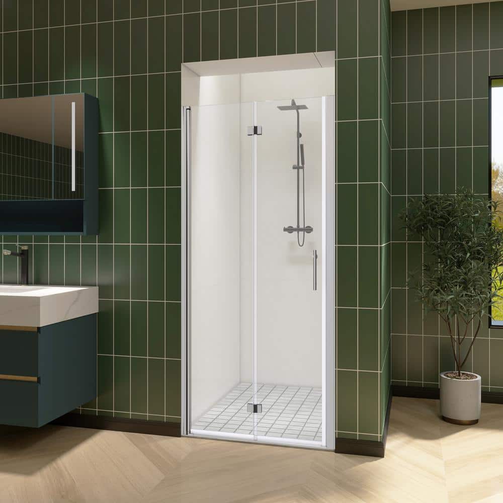 FORCLOVER 34 in. W to 35-3/8 in. W x 72 in. H Bi-Fold Frameless Shower Door in Chrome with Clear Glass