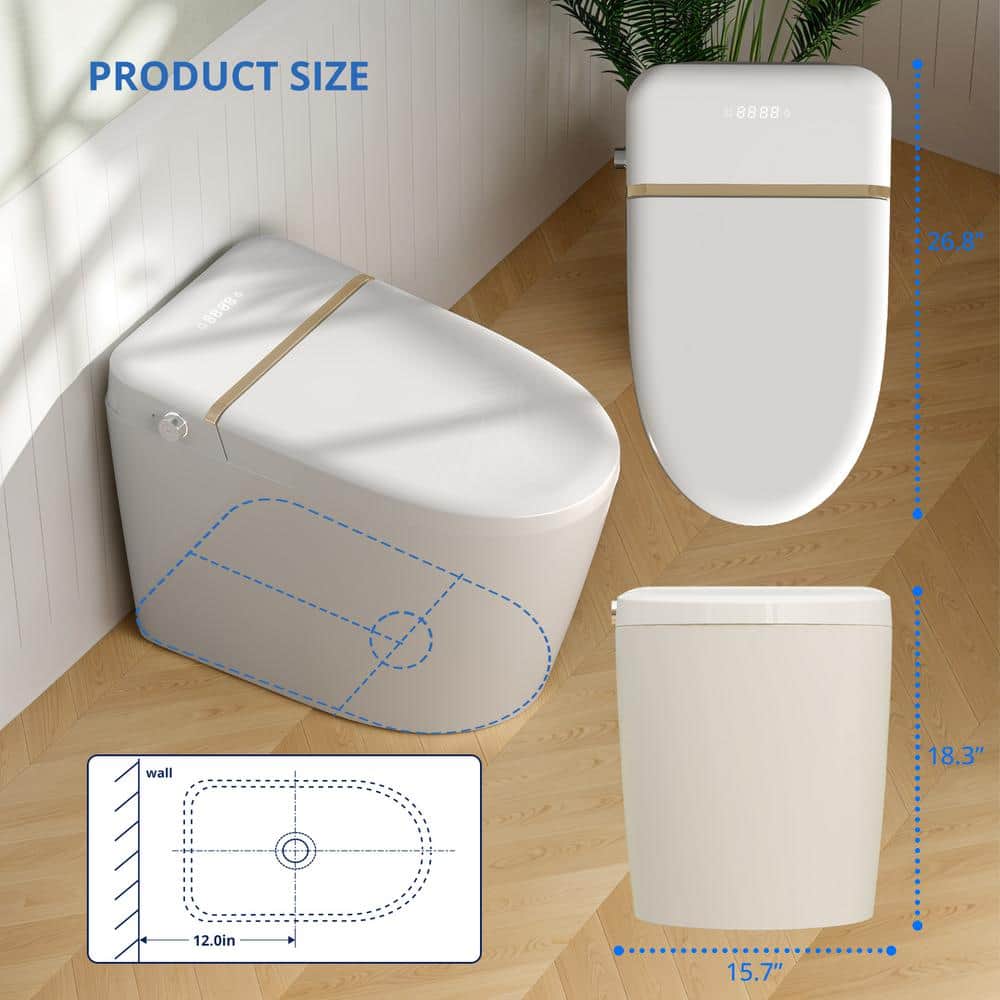 Relyblo Smart Elongated Bidet Toilet 1.27 GPF with Gold Edge White Finish