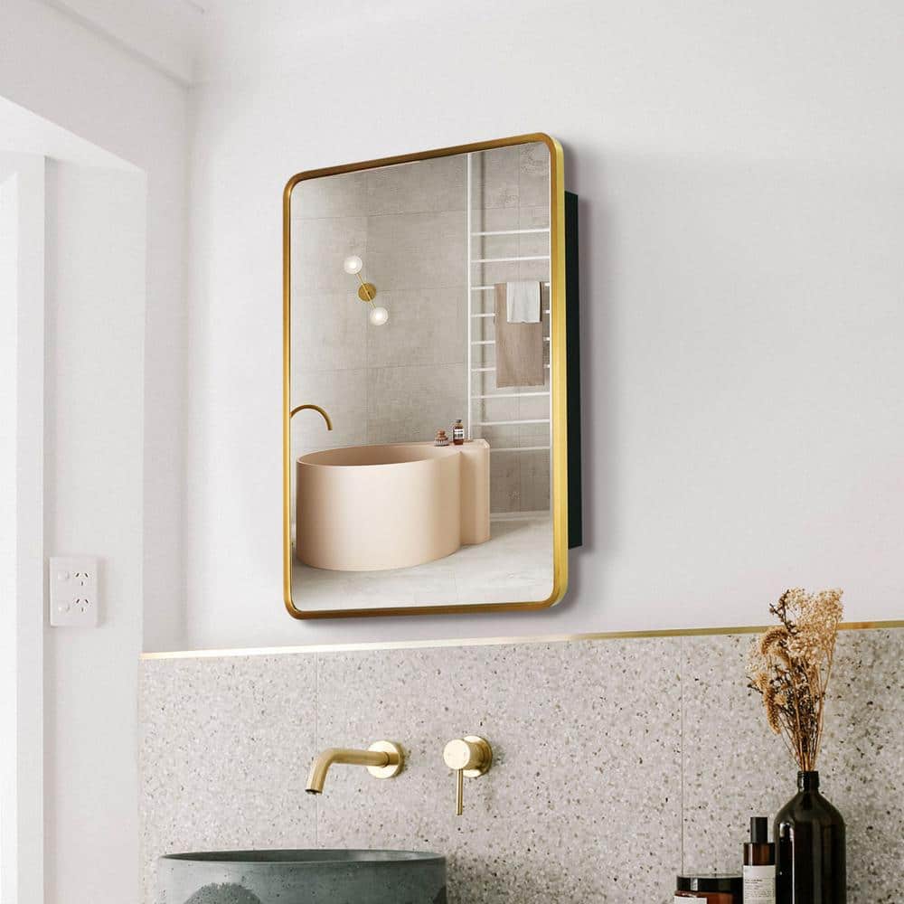24 in. W x 30 in. H Rectangular Small Gold Metal Frame Wall mount or Recessed Bathroom Medicine Cabinet with Mirror