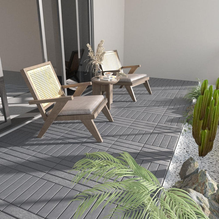 GOGEXX 12 in.W x 12 in. L Outdoor Striped Pattern Square Plastic Interlocking Flooring Deck Tiles (Pack of 44 Tiles)in Gray