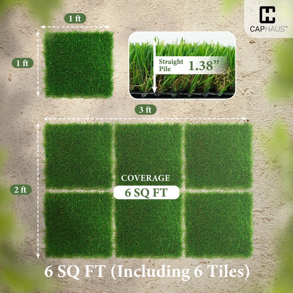 CAPHAUS 1 ft. x 1 ft. Green Artificial Grass Turf Tiles, Self-Draining Interlocking Faux Grass Pet Turf, Tile, Covers 6 sq. ft.