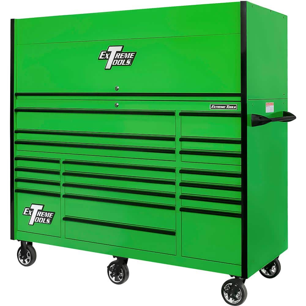 Extreme Tools RX Series Professional 72 in. W x 25 in. D 19-Drawer Hutch and Roller Cabinet Combo in Green with Black Drawer Pulls