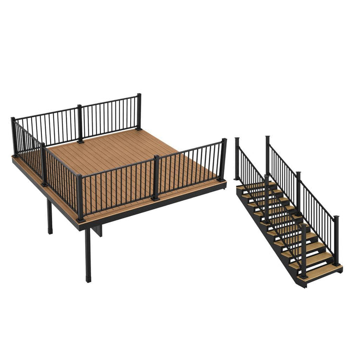 FORTRESS Apex Attached 12 ft. x 12 ft. Himalayan Cedar PVC Deck Kit and 10-Step Stair Kit with Steel Framing and Aluminum Railing