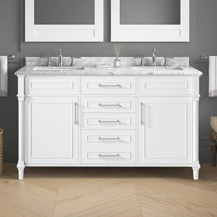 Eviva Aberdeen 60 in. W x 22 in. D x 35 in. H Double Bathroom Vanity in Espresso with White Carrara Marble Top and White Undermount Sinks