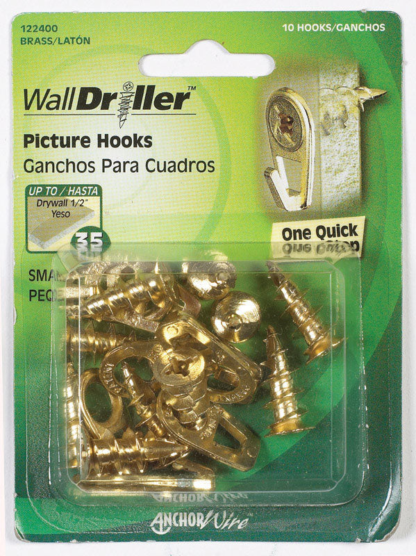 Hillman WallDriller Brass-Plated Gold Drywall Picture Hook, 35 lb, 10 Pack