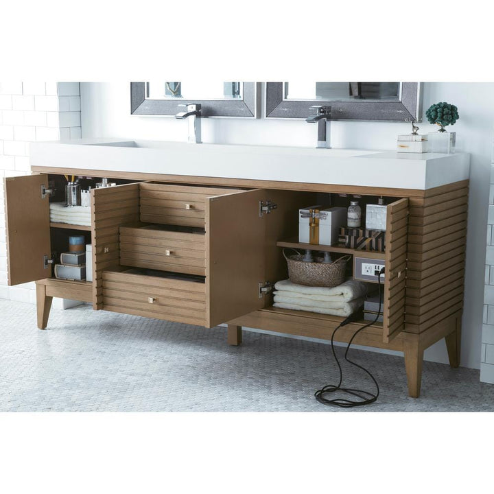 James Martin Vanities Linear 72.5" Double Bath Vanity, Whitewashed Walnut, Glossy White Top