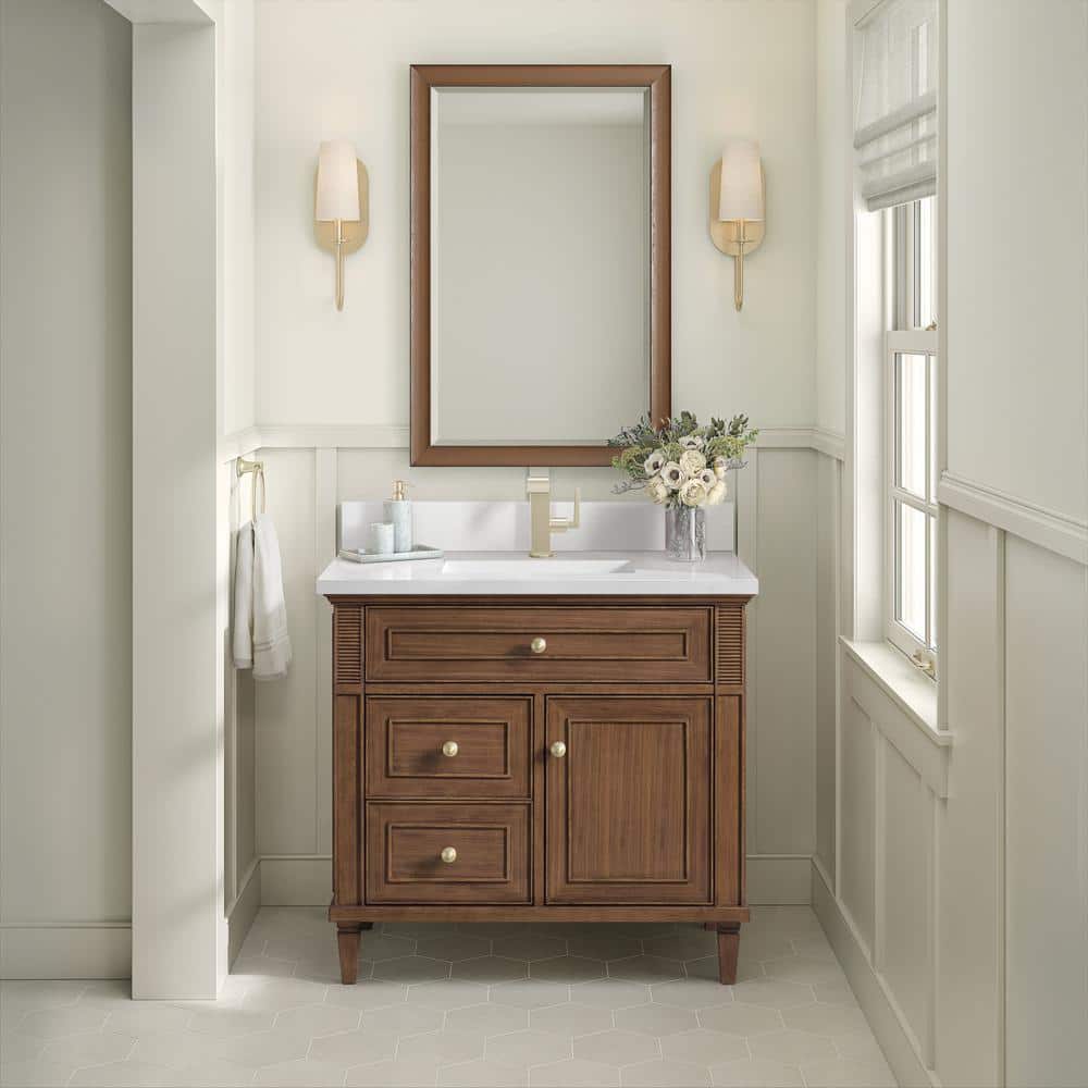 James Martin Vanities Lorelai 36" Single Sink Bath Vanity in Mid-Century Walnut with White Zeus Quartz Top