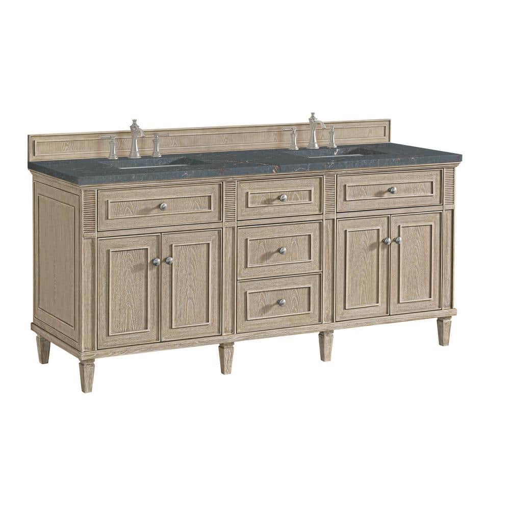 James Martin Vanities Lorelai 72" Double Bathroom Vanity in Whitewashed Oak with Parisien Bleu Quartz Top