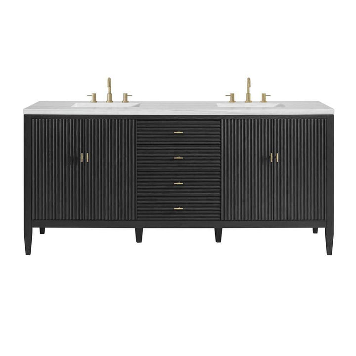 James Martin Vanities Myrrin 72-inch Double Bathroom Vanity in Carbon Oak with Arctic Fall Top