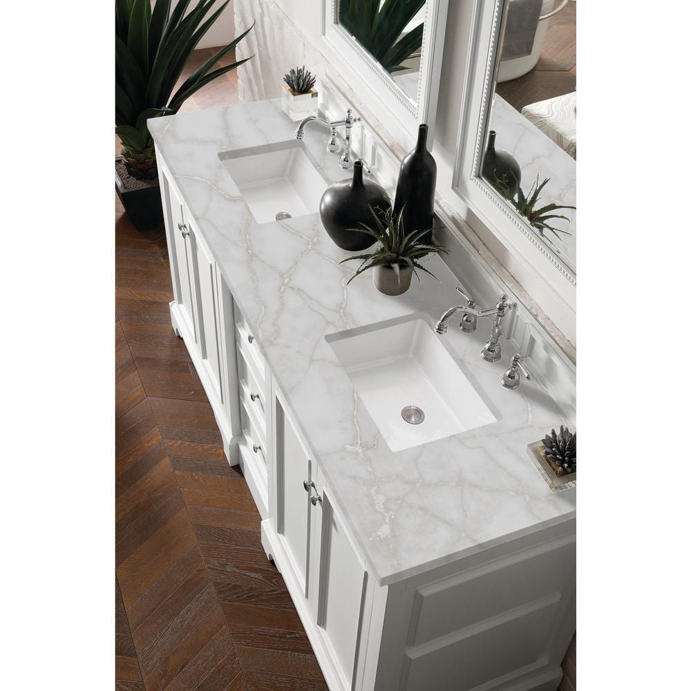 James Martin Vanities De Soto Double Bathroom Vanity with Victorian Silver Quartz Top, Bright White, 73.3 in. Width