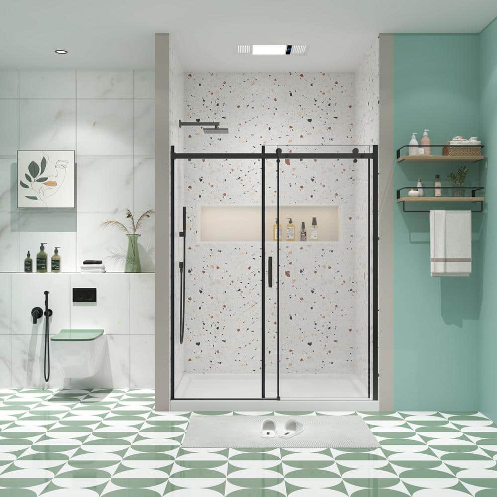 JimsMaison 48 in. W x 74 in. H Sliding Semi-Frameless Shower Door in Matte Black Finish with Clear Tempered Glass