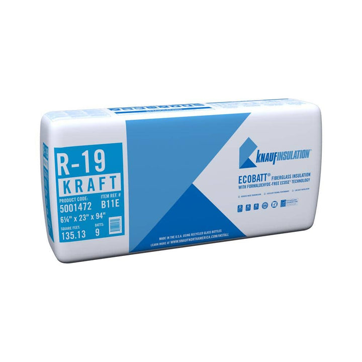 Knauf Insulation R-19 EcoBatt Kraft Faced Fiberglass Insulation Batt, 6-1/4 in x 23 in x 94 in, 135.13 sq ft