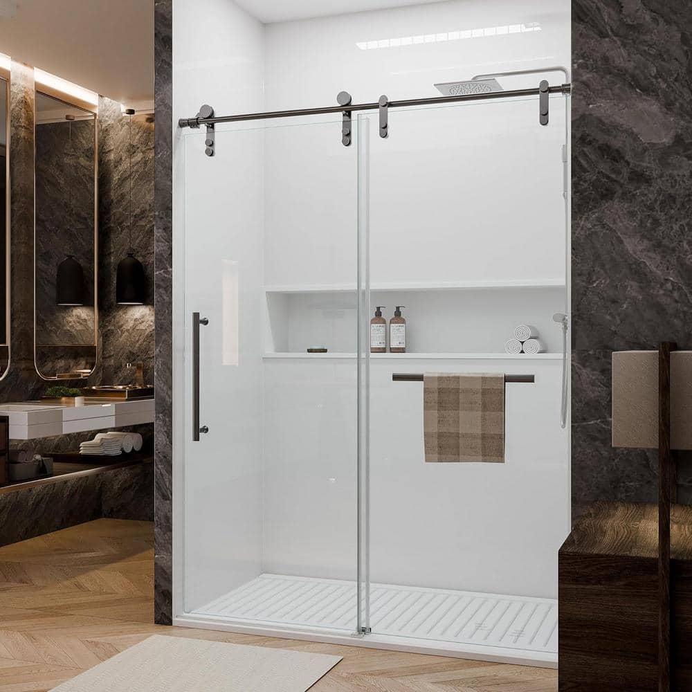 KULLAVIK 56-60 in. W x 76 in. H Sliding Frameless Glass Shower Door, Sliding Roller Shower Door, Stylish, Modern, Black
