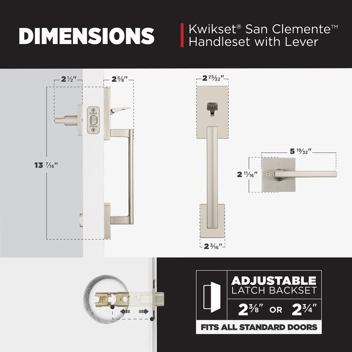 Kwikset San Clemente Satin Nickel Handleset with Halifax Square Lever, Microban Antimicrobial Technology