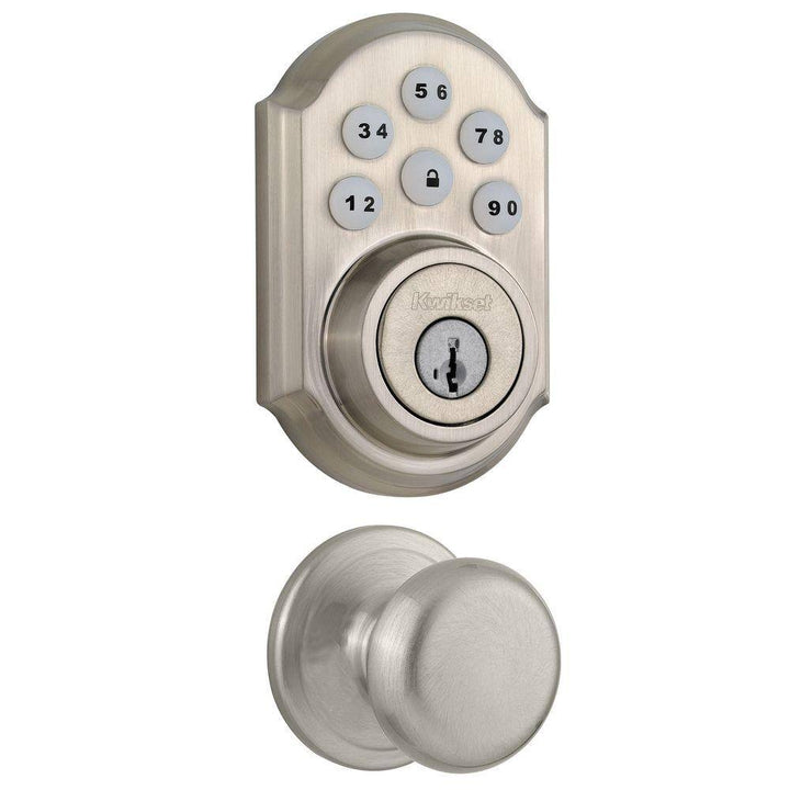 Kwikset SmartCode Satin Nickel Single Cylinder Electronic Deadbolt with SmartKey Security and Juno Passage Knob