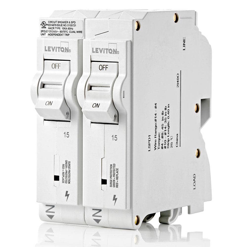 Leviton 15 Amp Surge Protective Device with Two 1-Pole Standard Hydraulic Magnetic Branch Circuit Breakers