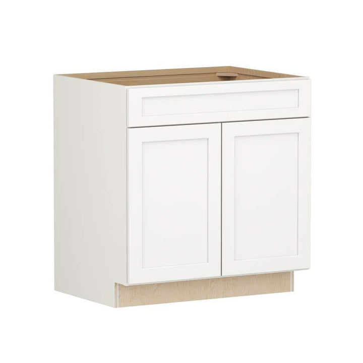 SIMPLY WOODMARK PRO Shaker Full Overlay 33 in. W x 24 in. D x 34.5 in. H Plywood Assembled Sink Base Kitchen Cabinet in Linen White