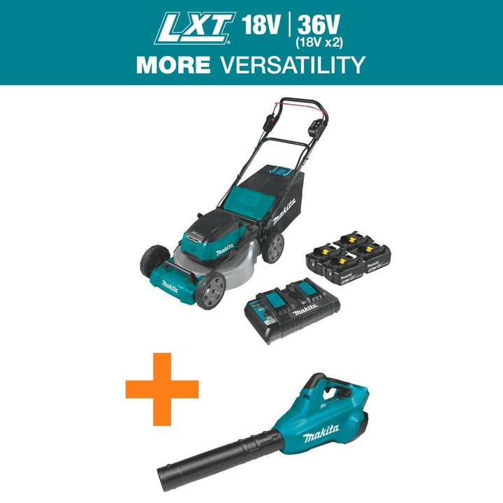 Makita 21 in. 18V X2 (36V) LXT Walk Behind Push Lawn Mower Kit with 4 Batteries (5.0 Ah) with 18V X2 (36V) LXT Blower