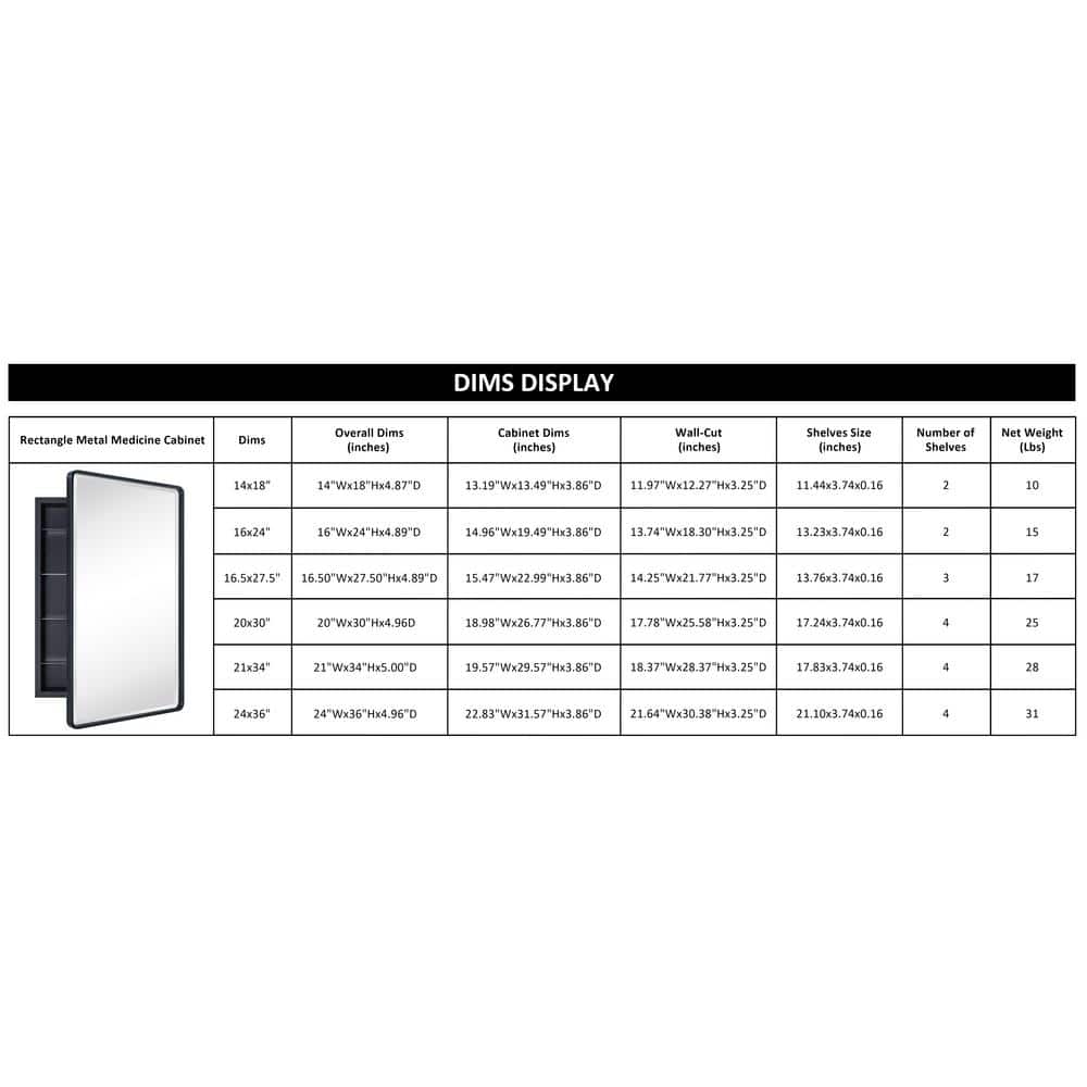 TEHOME Farmhouse 20 in. W x 30 in. H Recessed Rectangular Metal Framed Bathroom Medicine Cabinets with Mirror in Matt Black