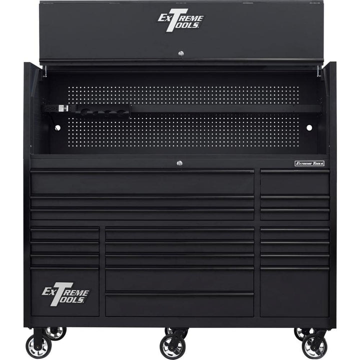 Extreme Tools RX Series Professional 72 in. W x 25 in. D Hutch 19-Drawer Roller Cabinet Combo in Matte Black with Black Drawer Pulls