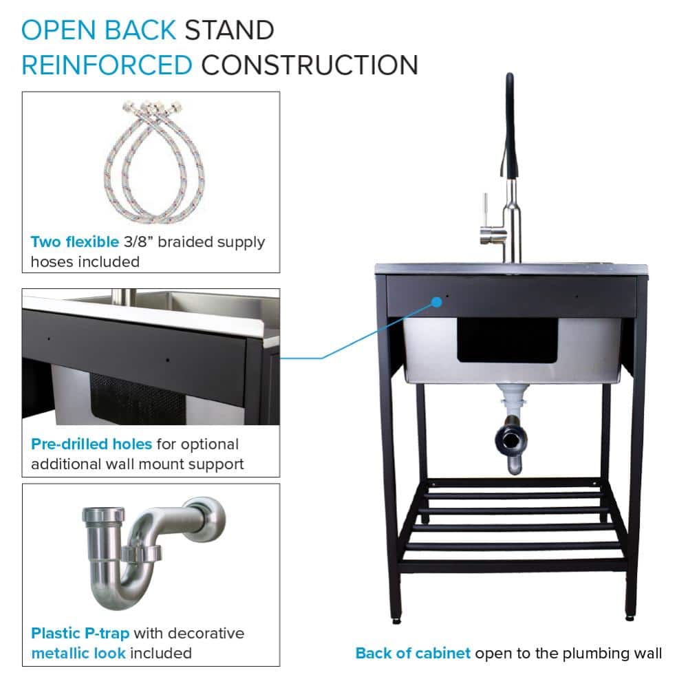 Transolid Stainless Steel Apron-Front Utility Sink with Matte Black Wash Stand