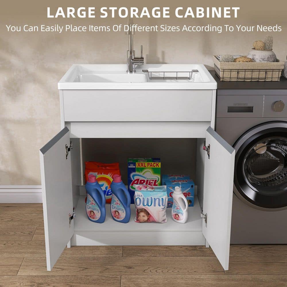 Getpro 30 in. Freestanding Solid Surface Laundry Utility Sink with Faucet and Cabinet
