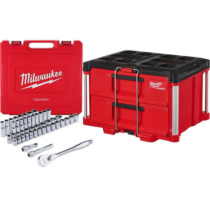 Milwaukee 1/2 in. Drive SAE/Metric Mechanics Tool Set (47-Piece) with PACKOUT 2-Drawer Tool Box