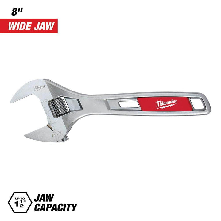 Milwaukee 48-22-7508 8 in. Wide Jaw Adjustable Wrench, 1-1/2 in. Capacity, Chrome-Plated Steel