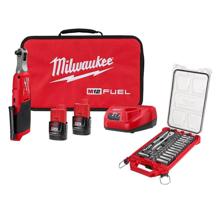 Milwaukee M12 FUEL 12V Lithium-Ion High Speed 3/8 in. Cordless Ratchet Kit w/3/8 in. Ratchet and Socket Mechanics Tool Set