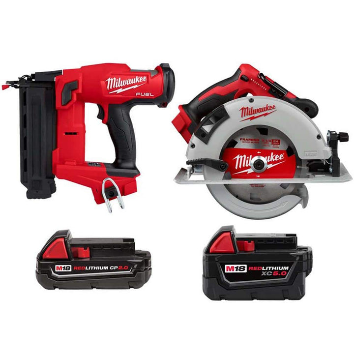 Milwaukee M18 FUEL Cordless 18‑Gauge Brad Nailer & 7-1/4 in. Circular Saw Kit with M18 2.0Ah and XC 5.0Ah Batteries