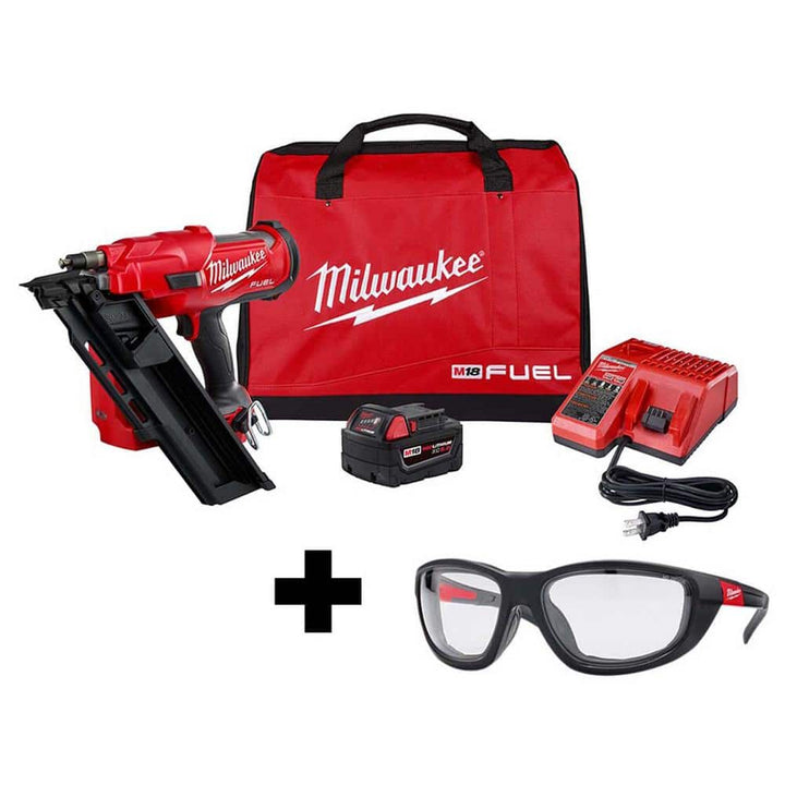 Milwaukee M18 FUEL 3-1/2 in. 18-Volt 30° Brushless Cordless Framing Nailer Kit with 5.0Ah Battery, Charger, Bag + Performance Safety Glasses with Gasket