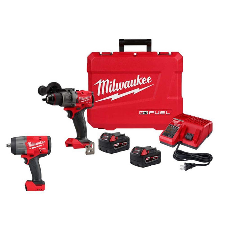 Milwaukee M18 FUEL 18V Li‑Ion Brushless 1/2 in. Hammer Drill/Driver Kit with High‑Torque Impact Wrench (2 Batteries, Charger, Case)